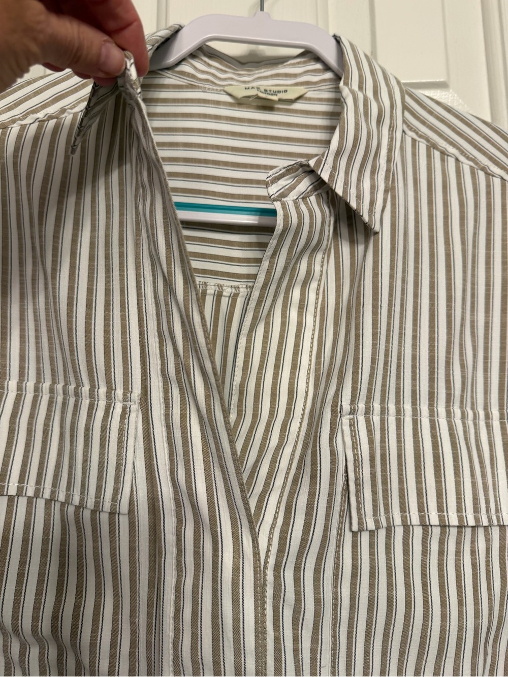 Max Studio Taupe and White Striped Button-Down Shirt - Picture 3 of 6